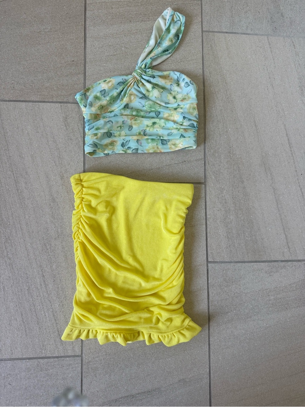 PrettyLittleThing Floral One-Shoulder Crop Top & Yellow Ruched Mini Skirt Set
